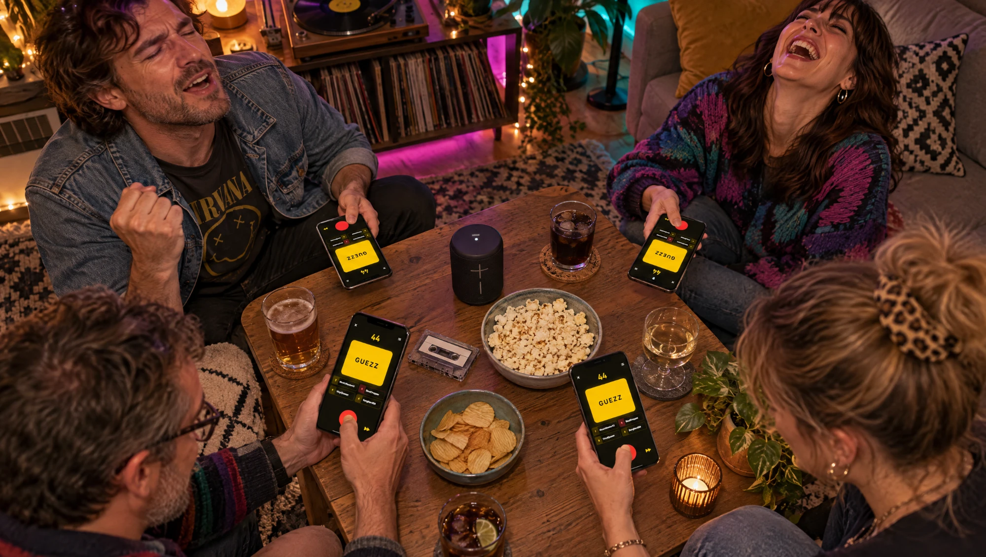 Venner på spillkveld i stua med neonfarger, en kassett på bordet og mobiler som buzzere