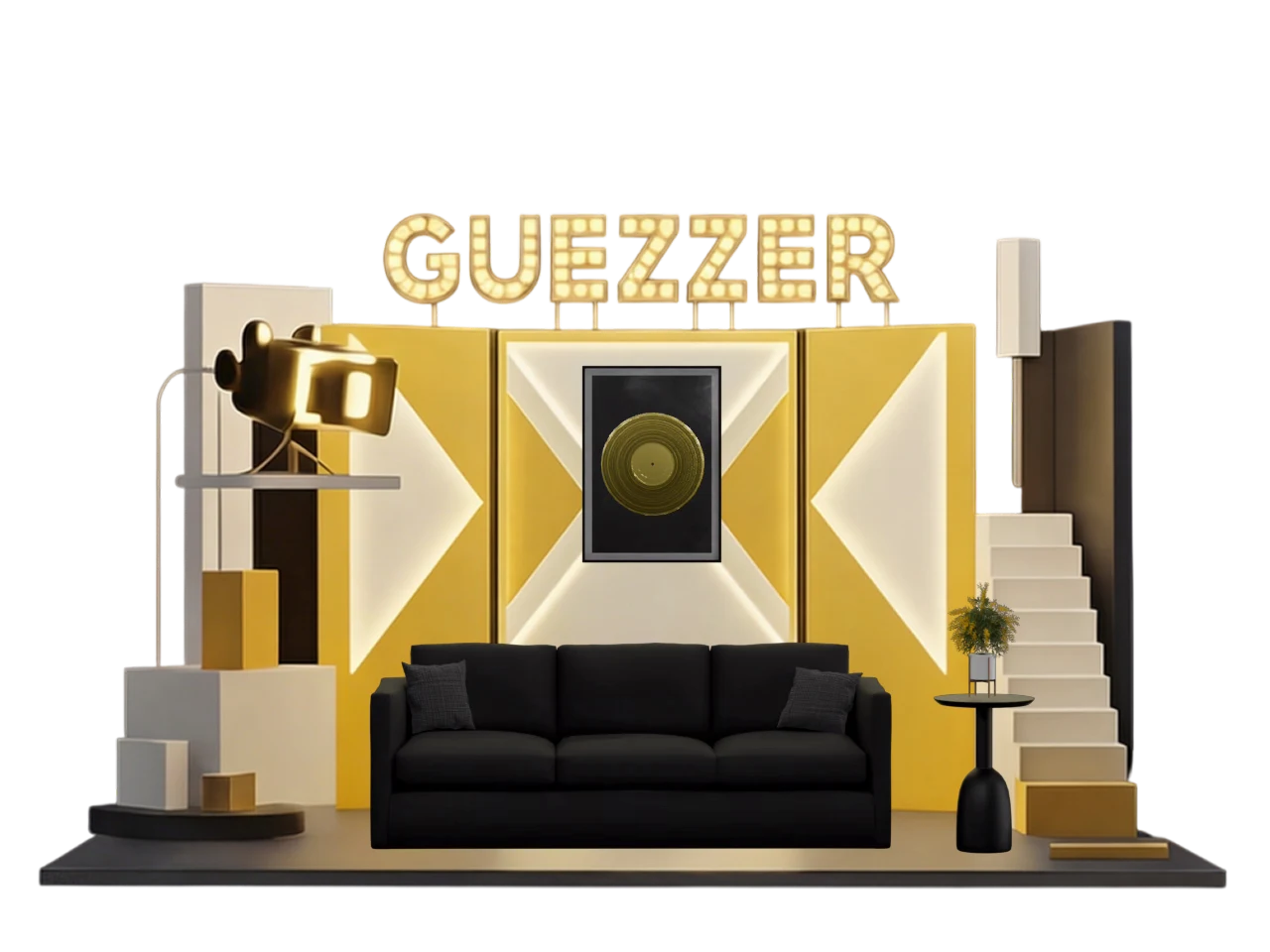 The Guezzer studio stage with marquee, spotlight, and award podiums