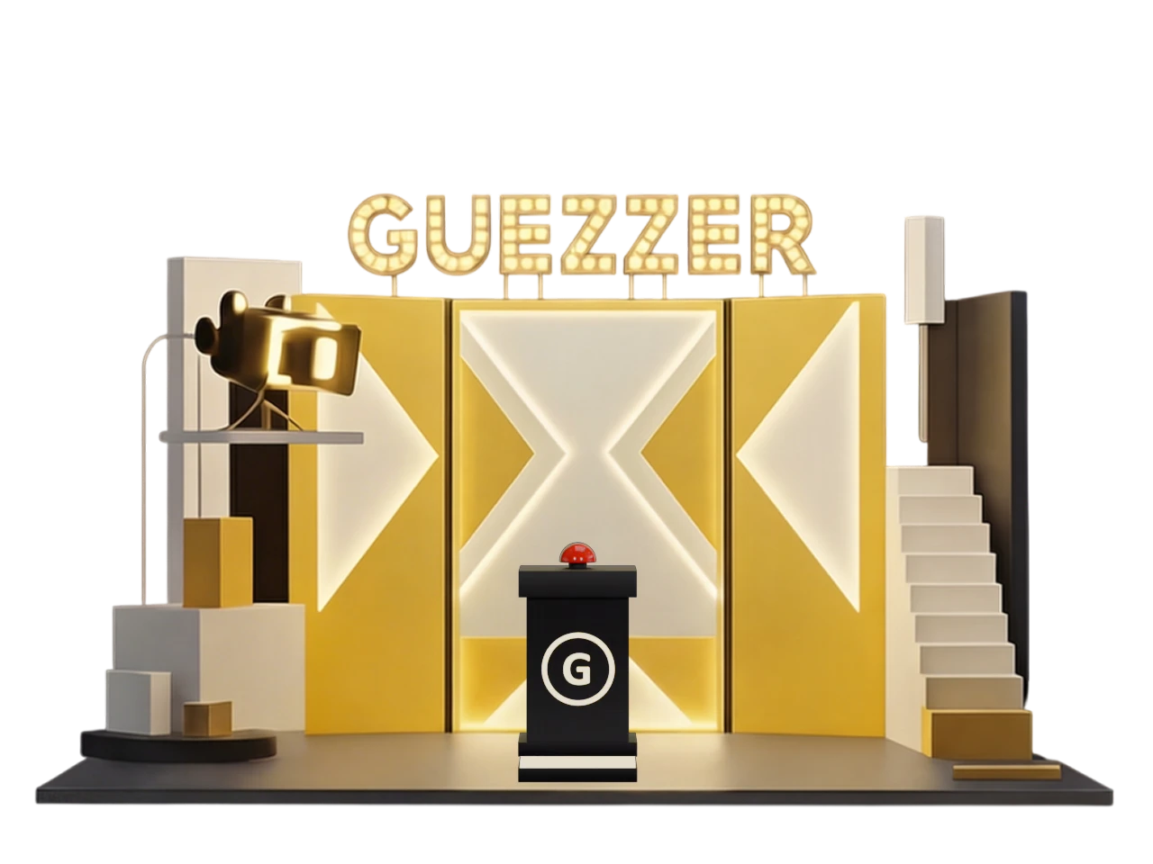 The Guezzer studio stage with a single buzzer podium center stage