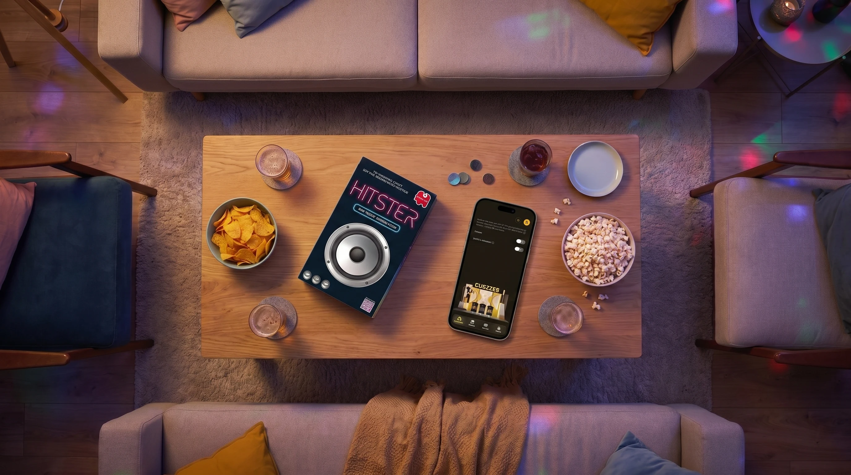Top-down view of a coffee table with the Hitster board game box next to an iPhone showing Guezzer open, surrounded by chips, popcorn and drinks for game night