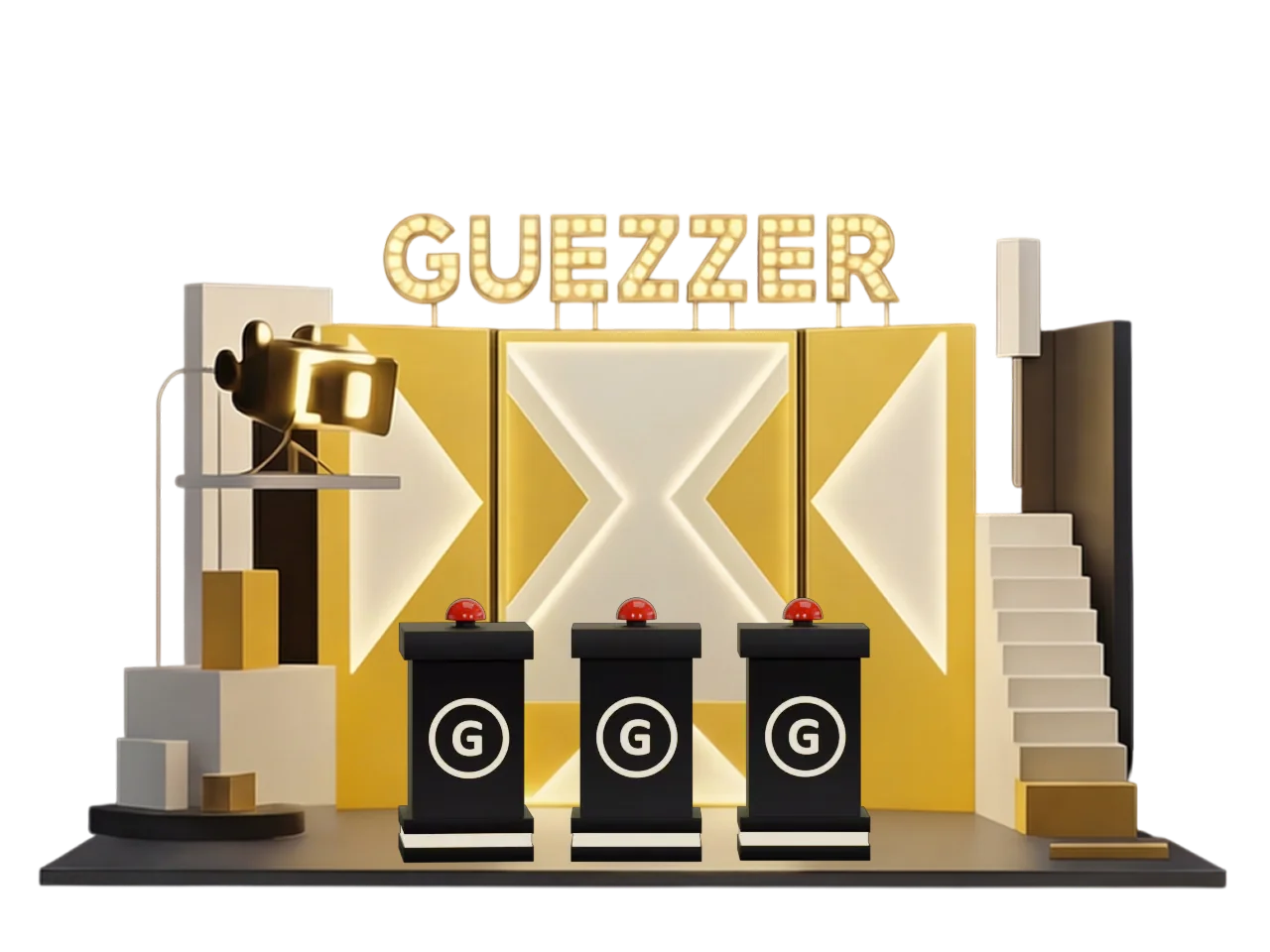 The Guezzer game show stage with three buzzer podiums