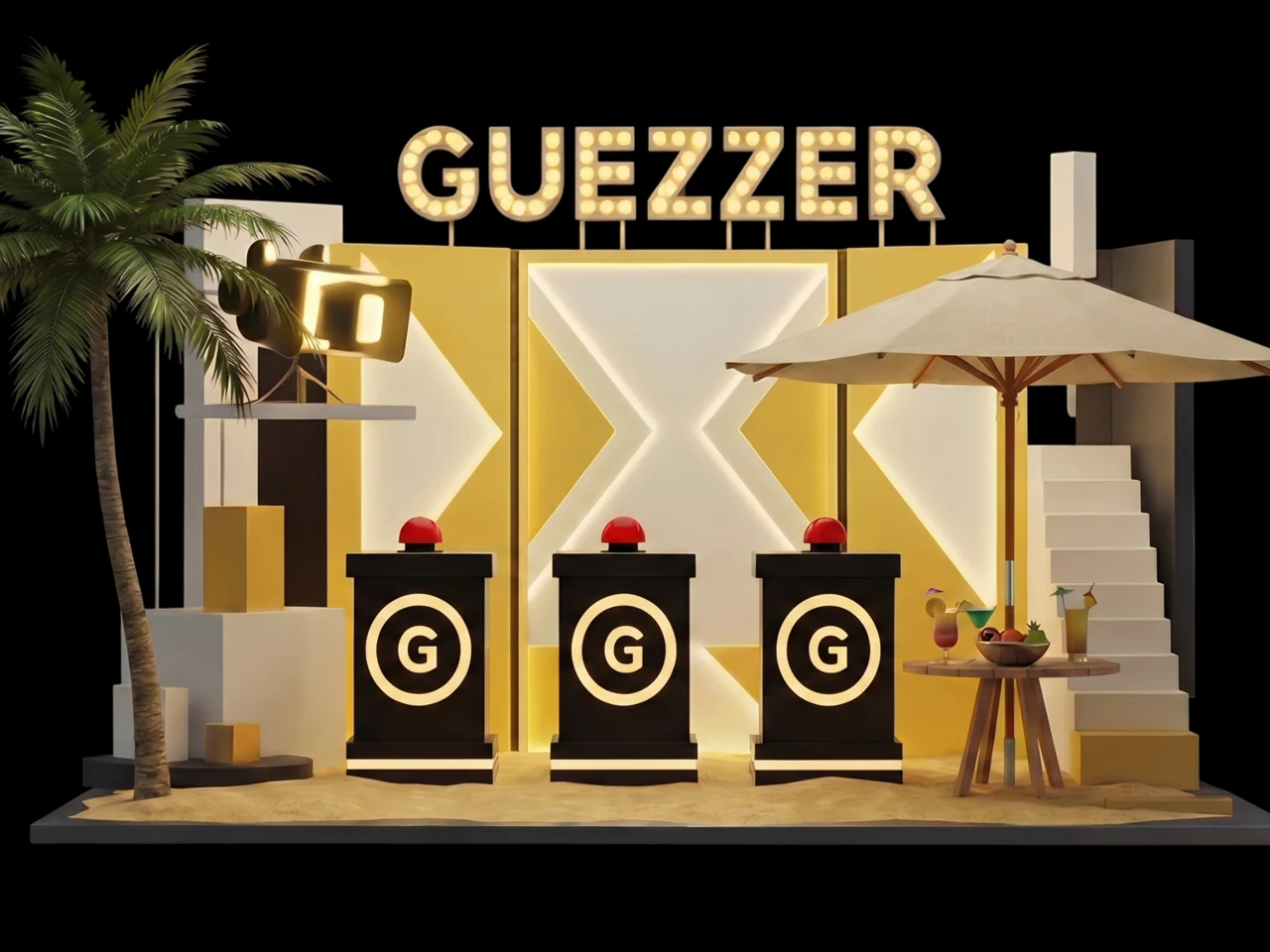 Guezzer-Bühne im Malle-Look mit Palme, Strandschirm, Cocktailtisch und drei Buzzer-Podesten