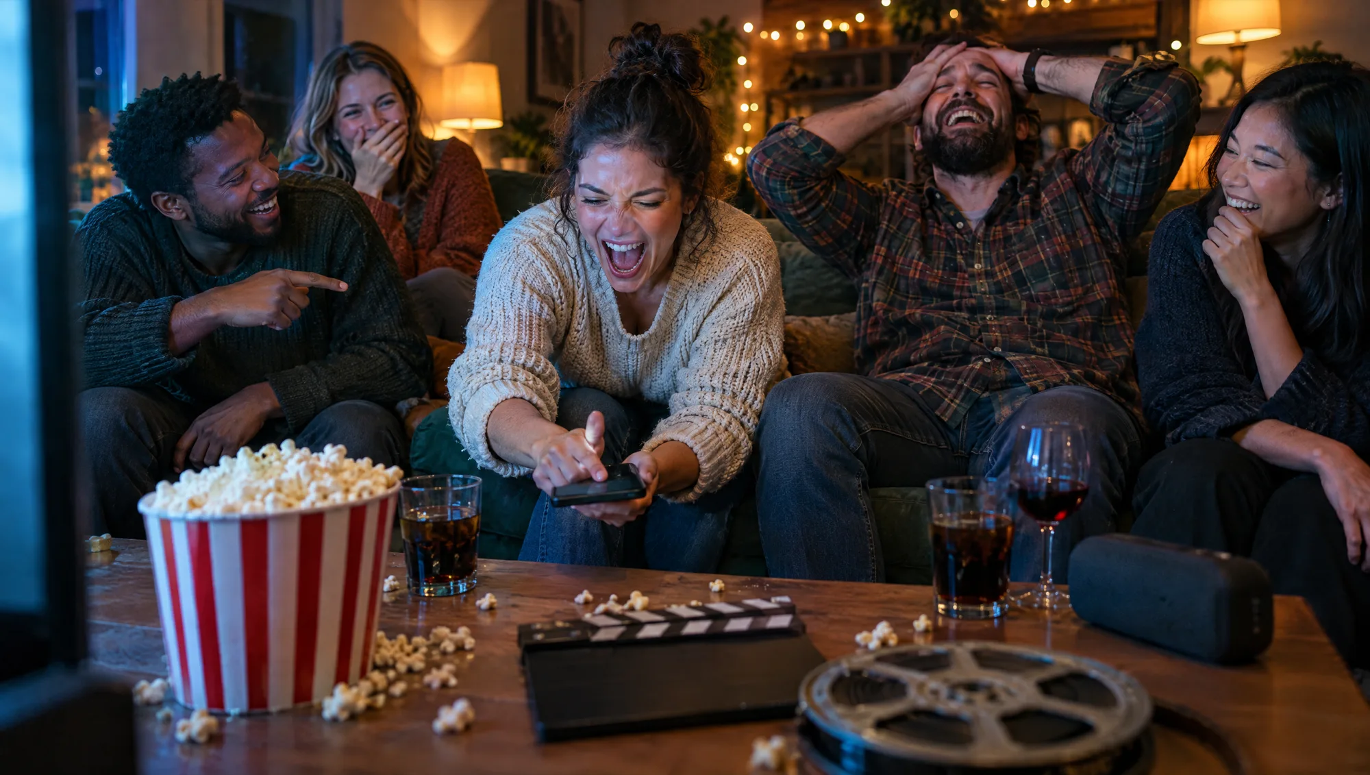 Venner i en sofa til en spilaften med filmtema, popcorn på bordet, stuen oplyst af tv-skærmen og telefoner i hænderne som buzzere
