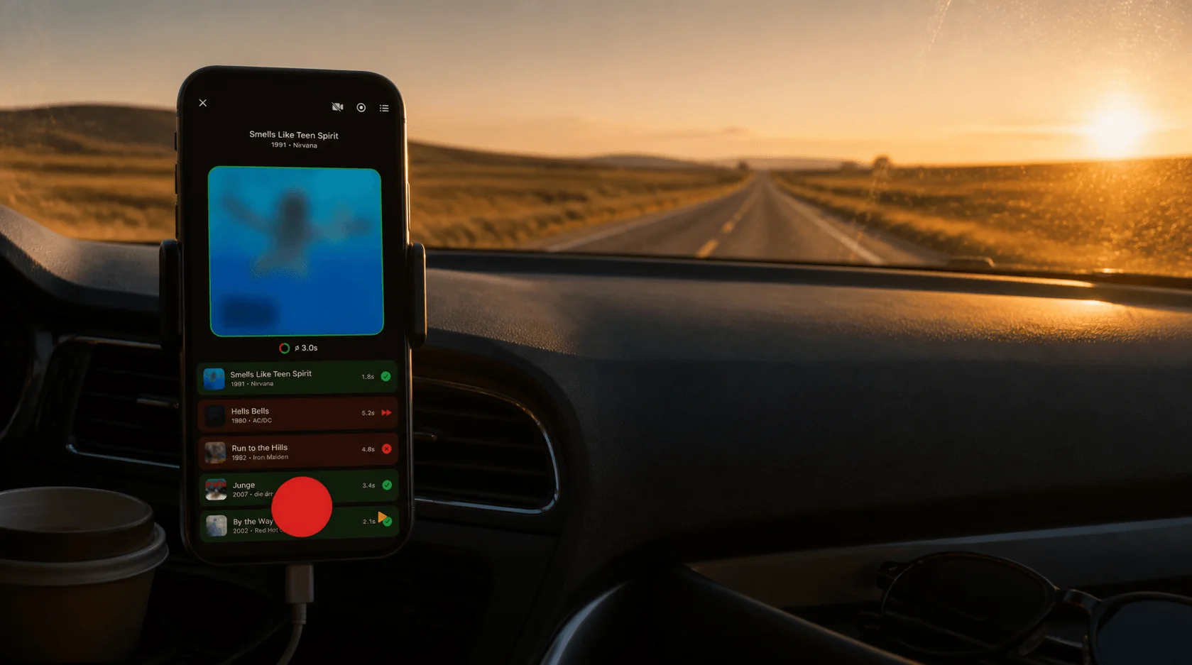 iPhone en un soporte del salpicadero con una ronda de entrenamiento de Guezzer en marcha y una carretera comarcal vacía al atardecer tras el parabrisas