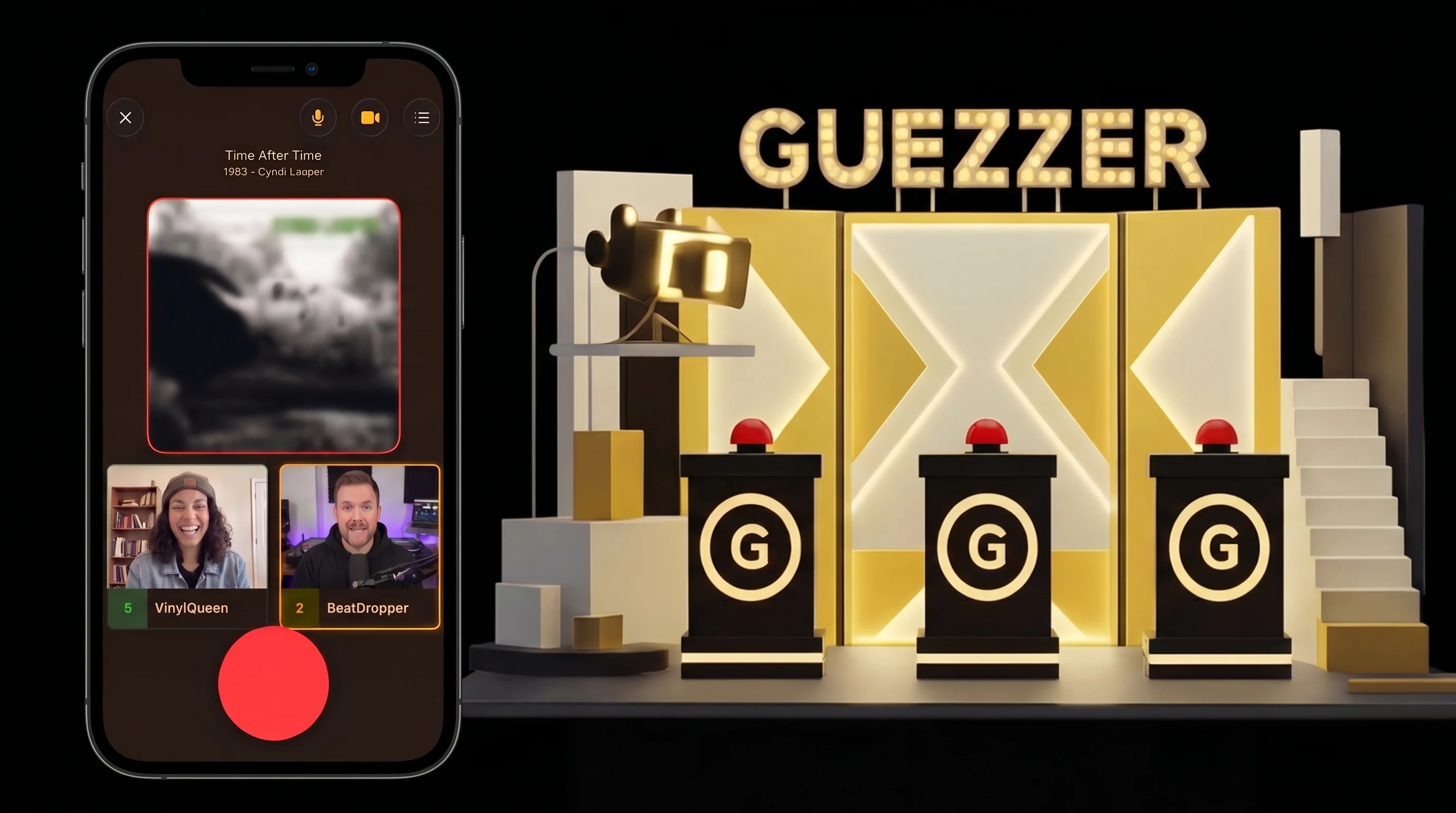 iPhone showing Guezzer online multiplayer with two players on voice chat, next to the Guezzer studio stage with three buzzer podiums